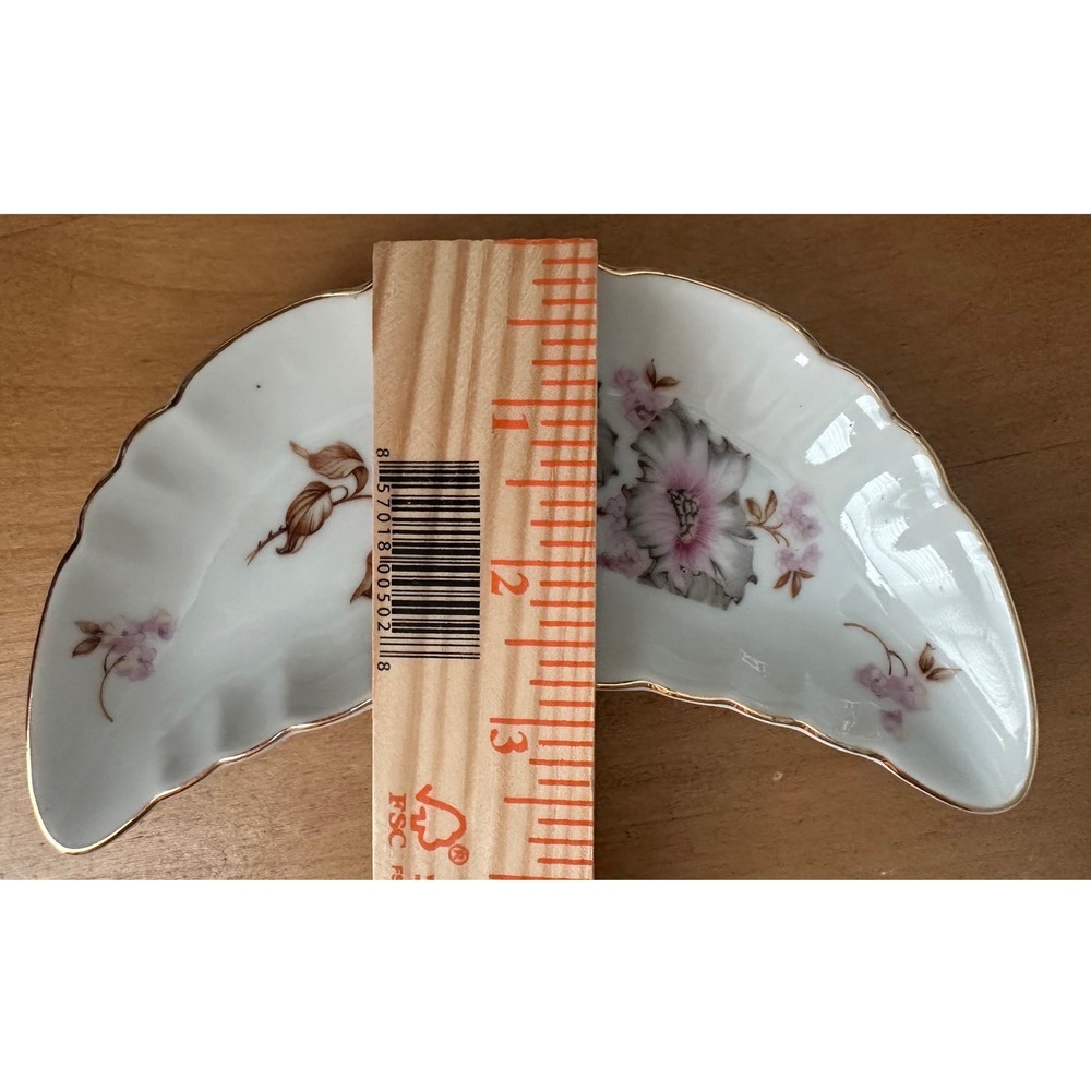 Andrea by Sadek Floral Crescent Bone Dish Pink Grey Gold Gilt Japan 7753 Vintage - Picture 8 of 8